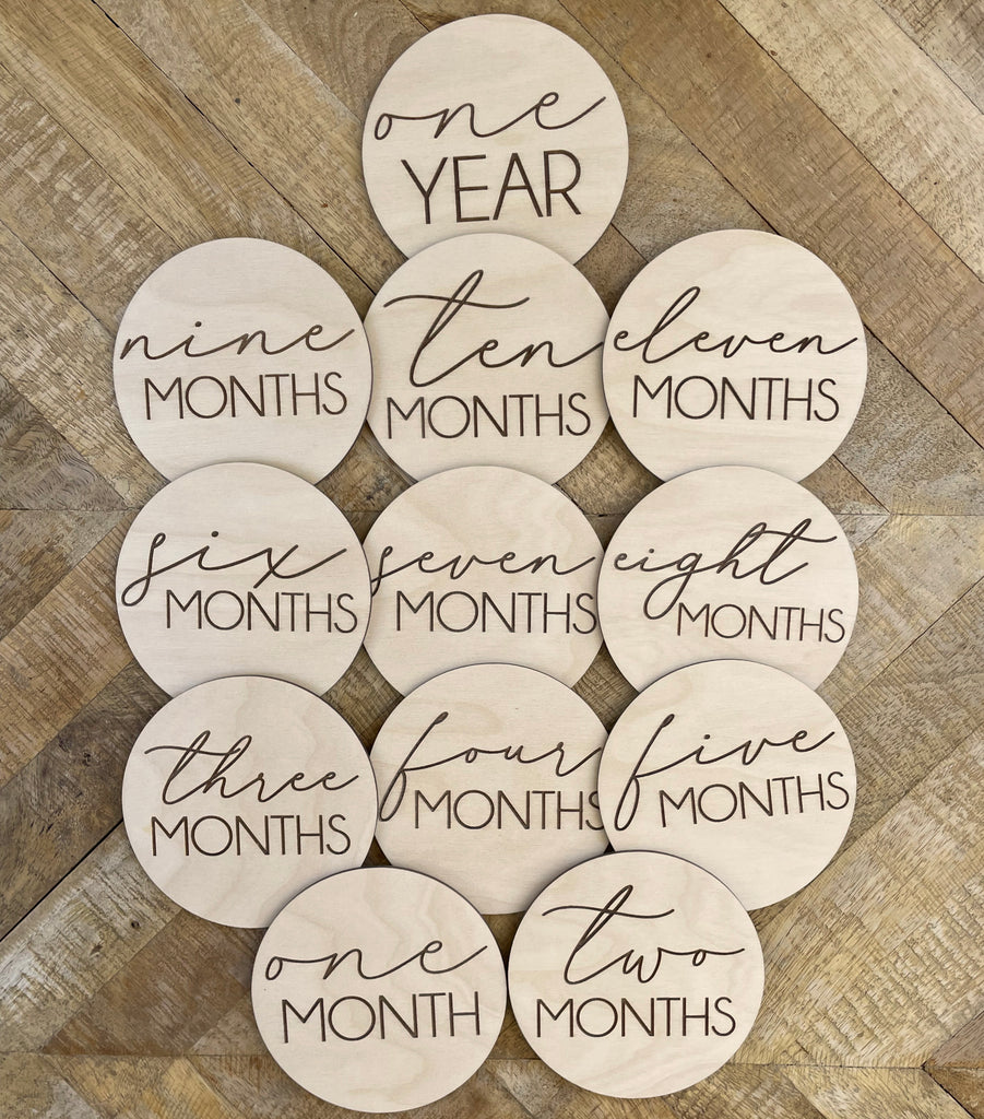 Wooden Monthly Milestone Discs, Name Announcement, Hello World
