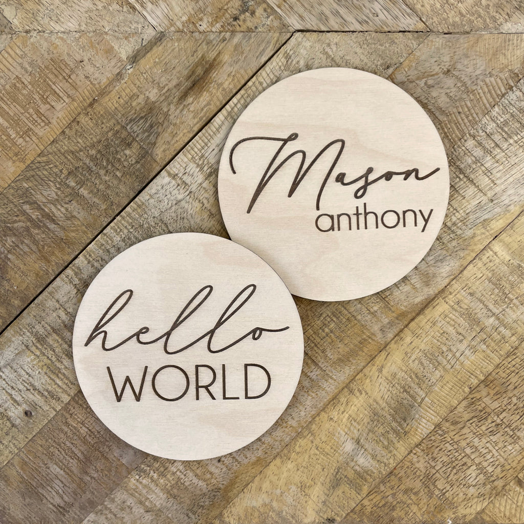 Wooden Monthly Milestone Discs, Name Announcement, Hello World