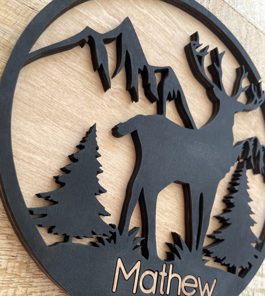 Personalized Wood Deer Mountain Tree Sign, 3D Style, Baltic Birch Wood
