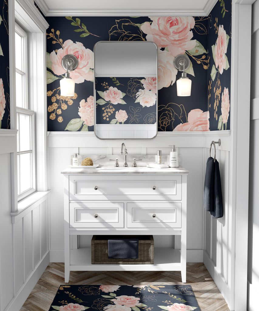 Navy and Pink Floral Rose Wallpaper