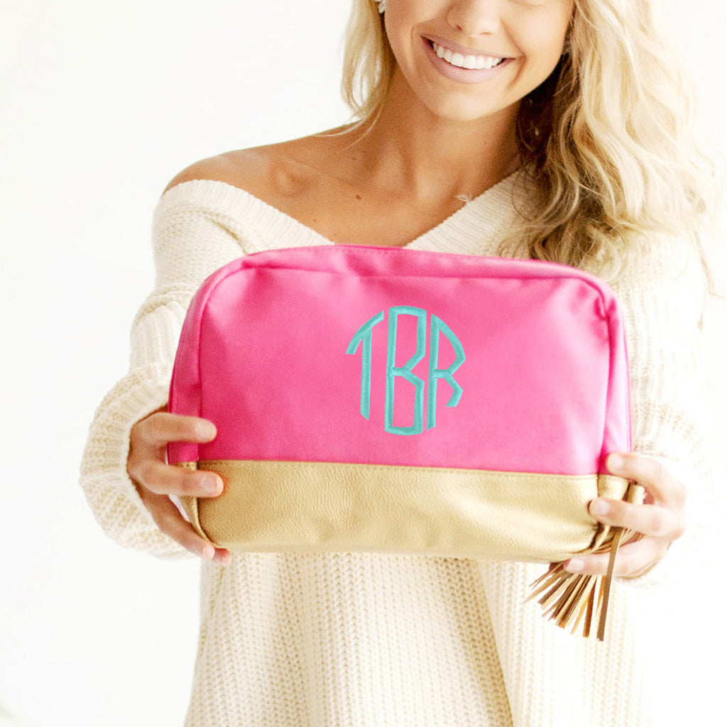 Monogrammed Hot Pink & Gold Cabana Accessory Bag