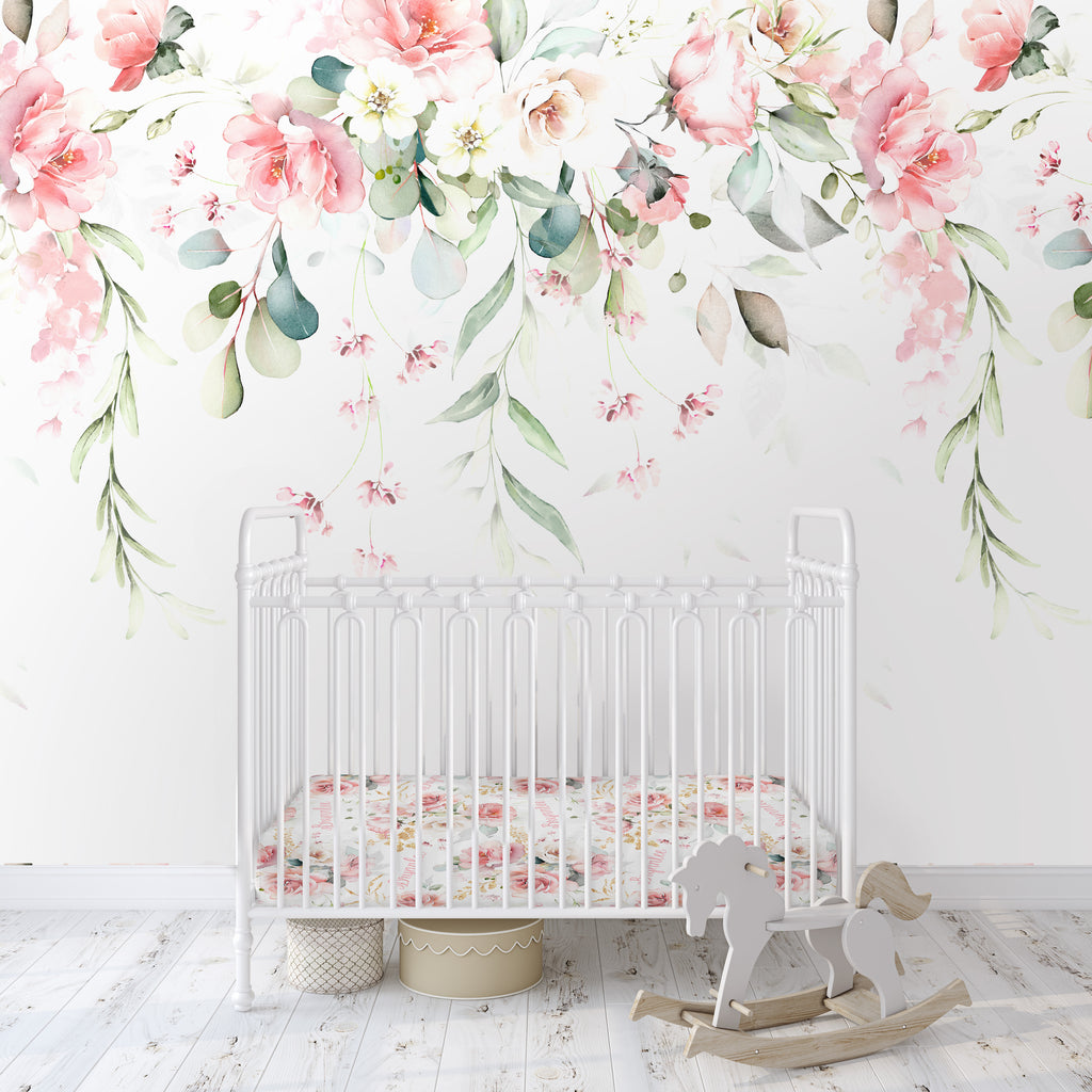 Pink Floral Drop Wallpaper/Peel and Stick Removable/Neutral Nursery Decor/Boho/Watercolor/Eucalyptus Collection