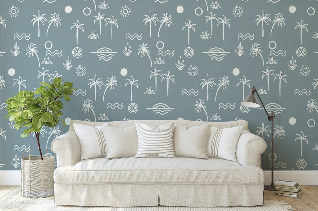 Blue White Beach Wallpaper/Peel and Stick Removable/Baby Girl Nursery Decor/Large Print/Living Room Bedroom/Beach Day