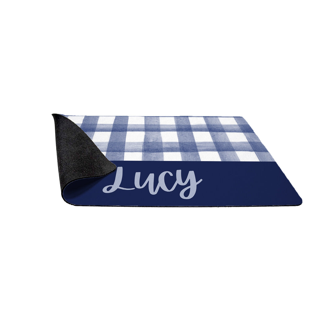 Personalized Navy Blue Watercolor Gingham Pet Mat