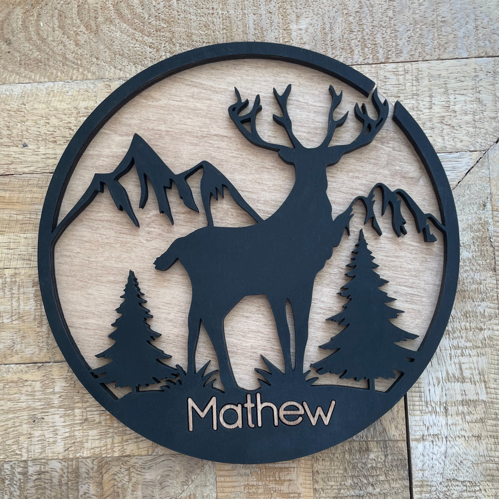 Personalized Wood Deer Mountain Tree Sign, 3D Style, Baltic Birch Wood