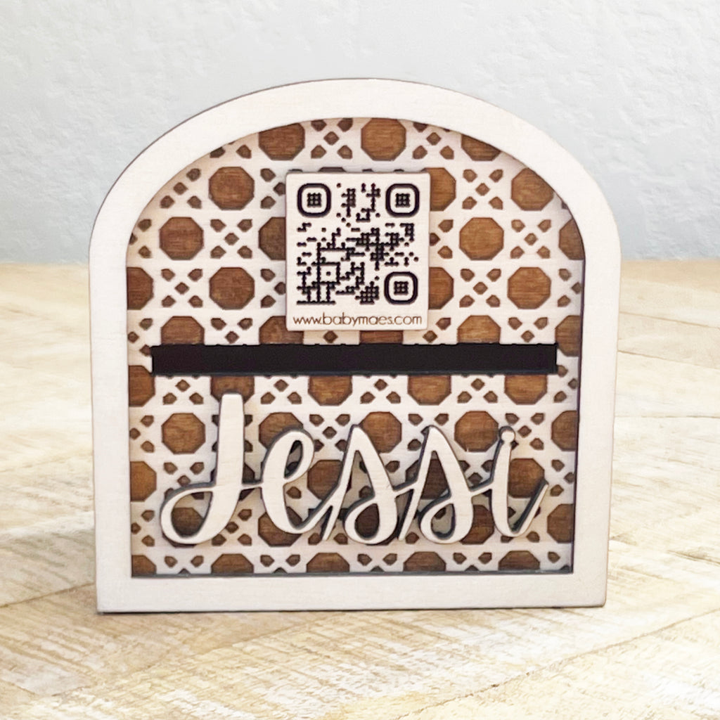 Personalized QR Code Digital and Cash Tip Box, Rattan Pattern Tip Display Sign Laser Engraved