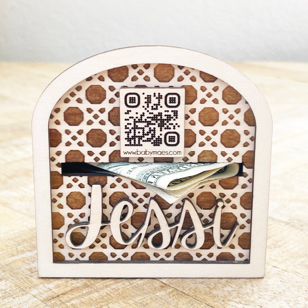 Personalized QR Code Digital and Cash Tip Box, Rattan Pattern Tip Display Sign Laser Engraved