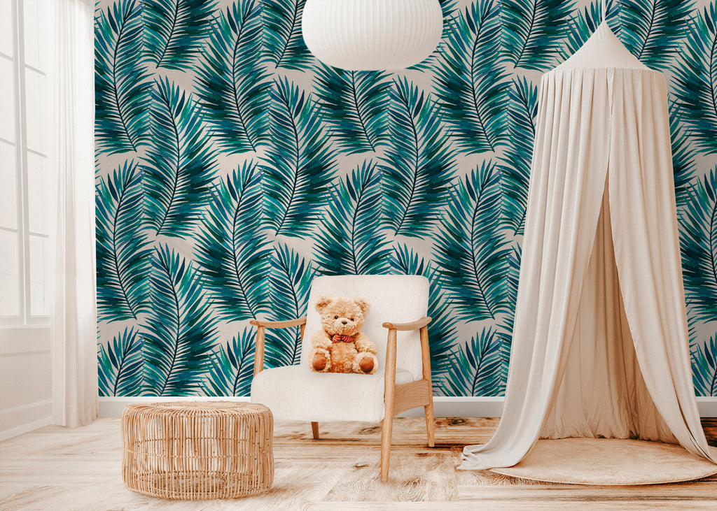 Teal Blue Green Tropical Palm Leaf Wallpaper
