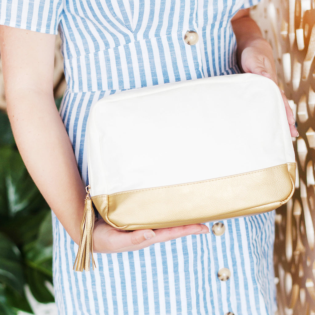 Monogrammed Cream & Gold Cabana Accessory Bag