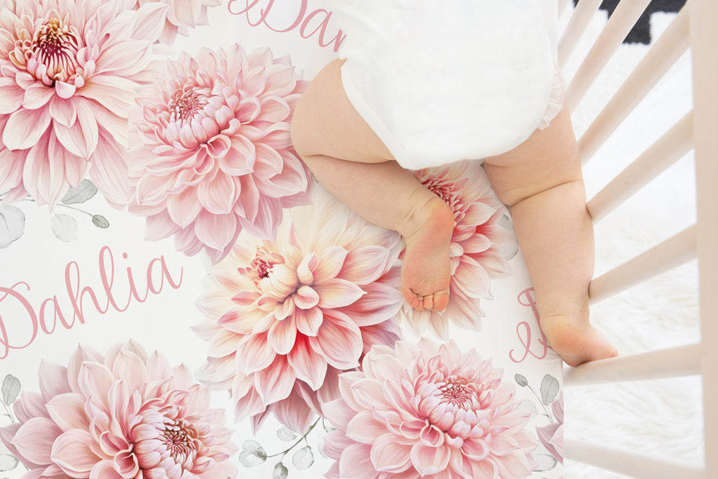Pink Dahlia Personalized Crib Sheet
