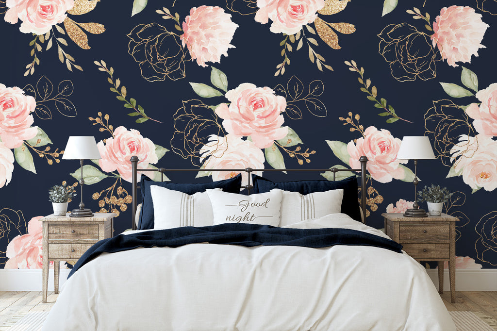 Navy and Pink Floral Rose Wallpaper