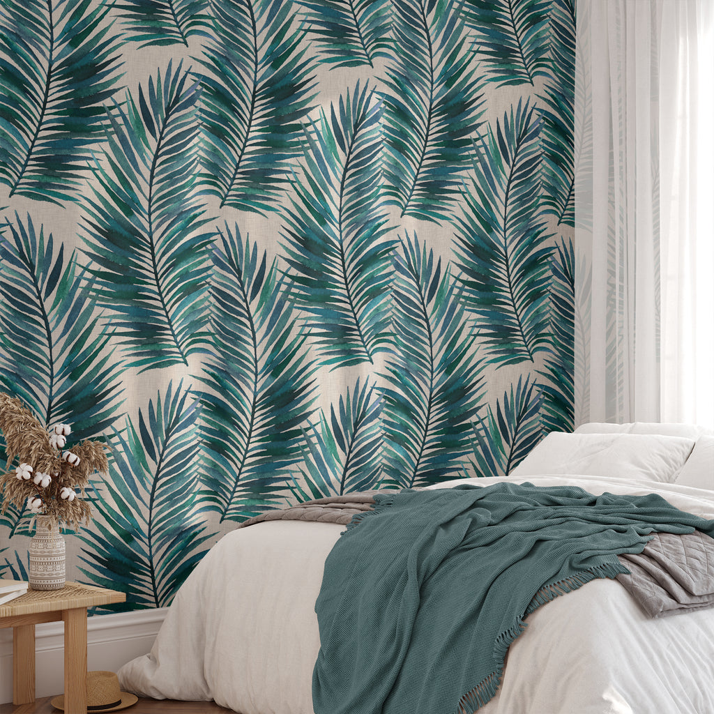 Teal Blue Green Tropical Palm Leaf Wallpaper