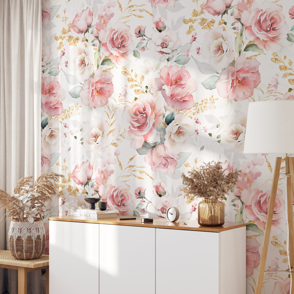 Pink Rose with Gold Accents Floral Wallpaper / Peel and Stick Removable / Baby Girl Nursery Decor / Brynnlee