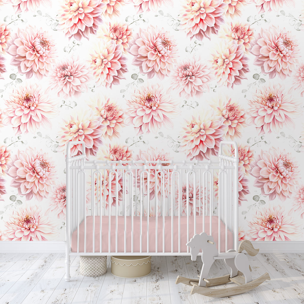 Pink Dahlia Floral Wallpaper/Peel and Stick Removable/Baby Girl Nursery Decor/Large Print