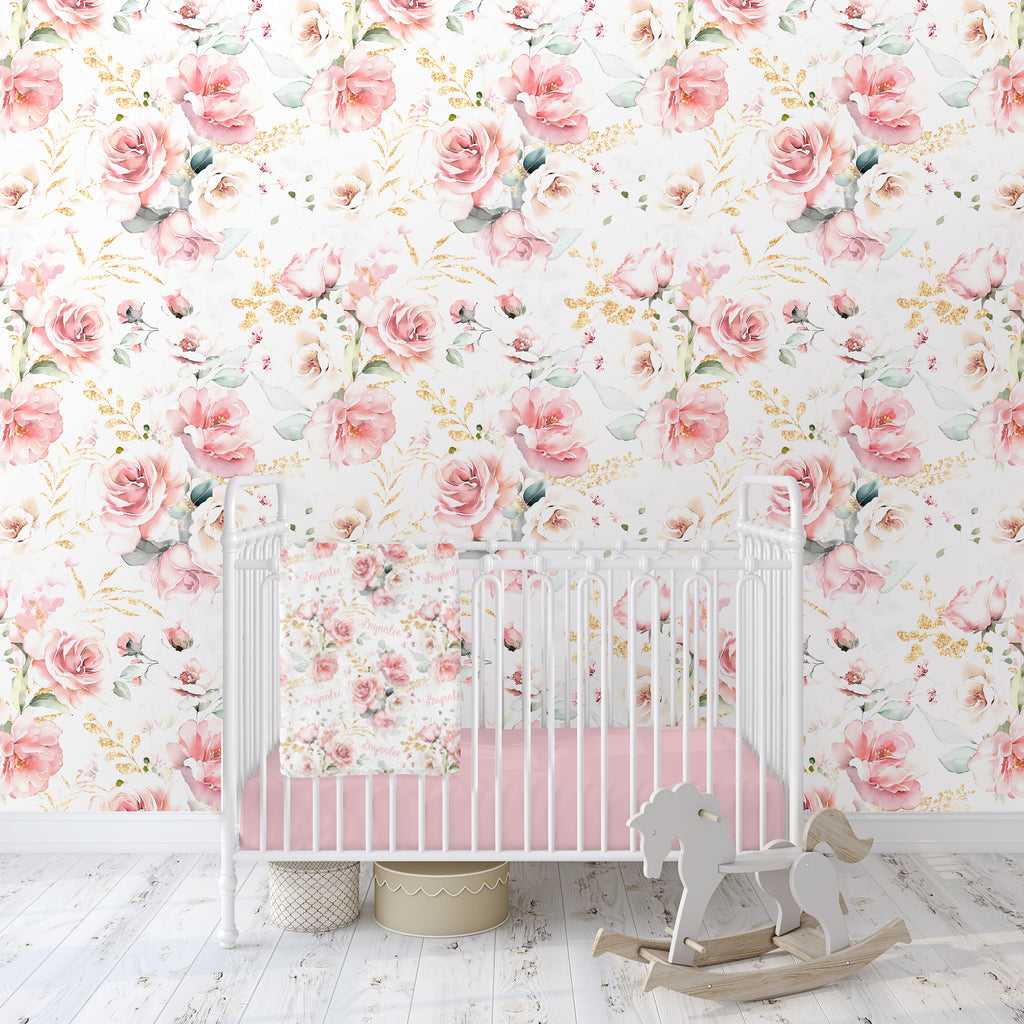 Pink Rose with Gold Accents Floral Wallpaper / Peel and Stick Removable / Baby Girl Nursery Decor / Brynnlee
