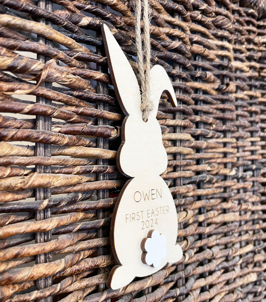 Personalized First Easter Basket Tag, Wooden Bunny with Name