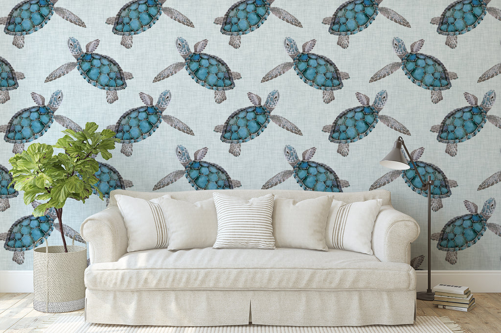 Sea Turtle Wallpaper/Peel and Stick Removable/Large Print/Living Room Bedroom/Aqua Blue/Seat Turtles Ocean