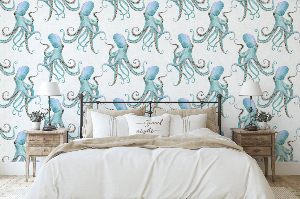 Octopus Wallpaper/Peel and Stick Removable/Large Print/Living Room Bedroom/Aqua Octopus Ocean