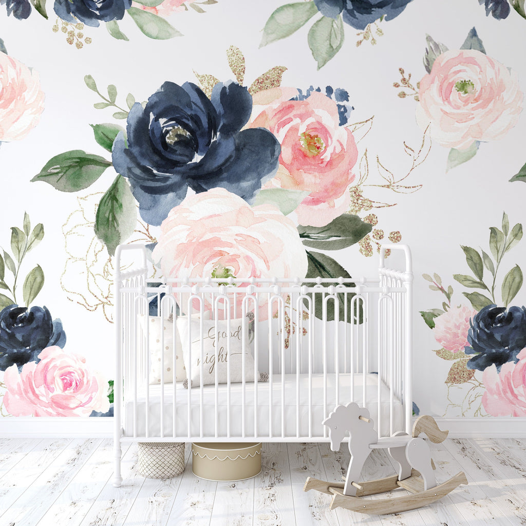 Navy Pink Peach Rose Floral Wallpaper/Peel and Stick Removable/Baby Girl Nursery Decor/Large Print/Living Room Bedroom/Midnight