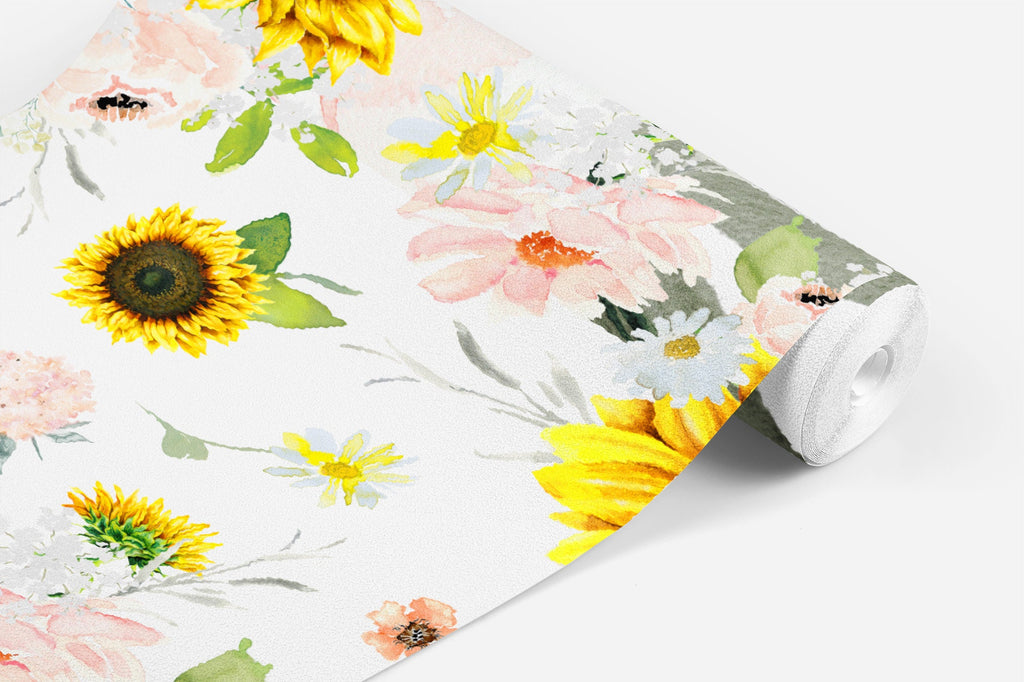 Sunflower Daisy Floral Wallpaper/Peel and Stick Removable/Baby Girl Nursery Decor/Pink Yellow Peach Boho Floral