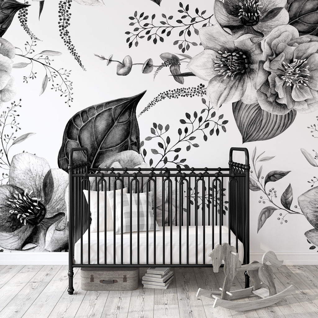 Vintage Black and White Floral Wallpaper/Peel and Stick Removable/Baby Girl Nursery Decor/Peony Rose High Contrast Boho Feature Wall