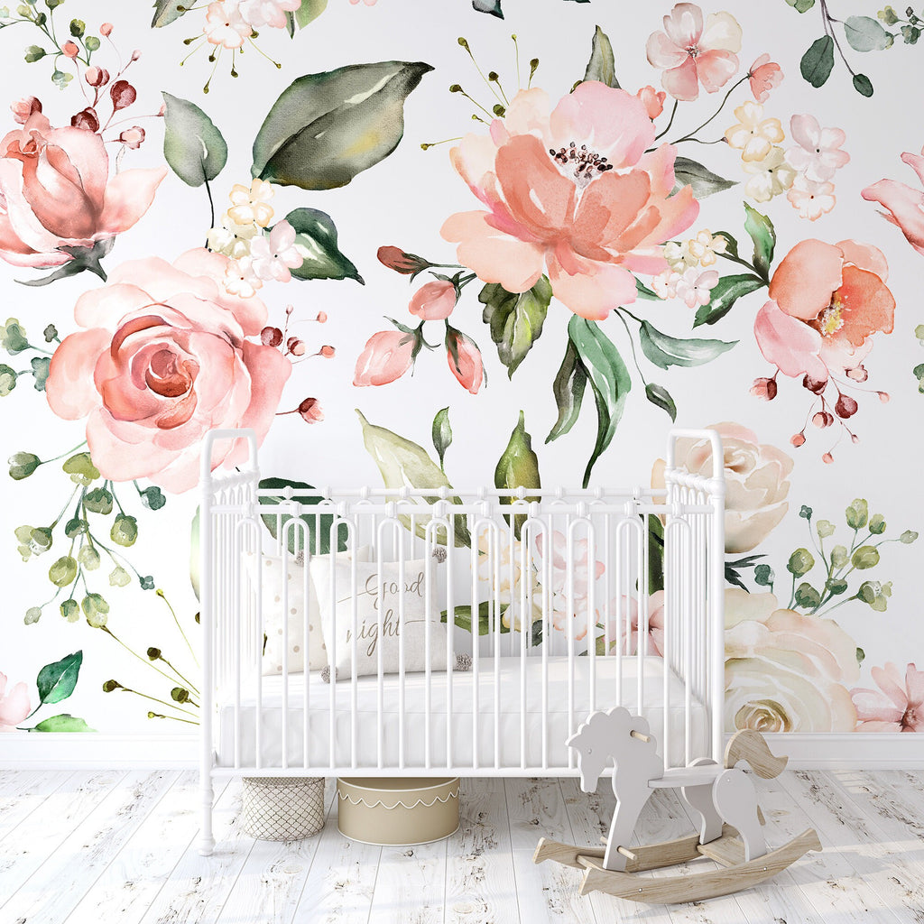 Pink Peach Rose Floral Wallpaper/Peel and Stick Removable/Baby Girl Nursery Decor/Large Print