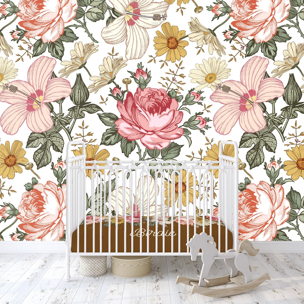 Vintage Floral Wallpaper/Peel and Stick Removable/Baby Girl Nursery Decor/Muted Colors Boho Floral/Birdie Collection
