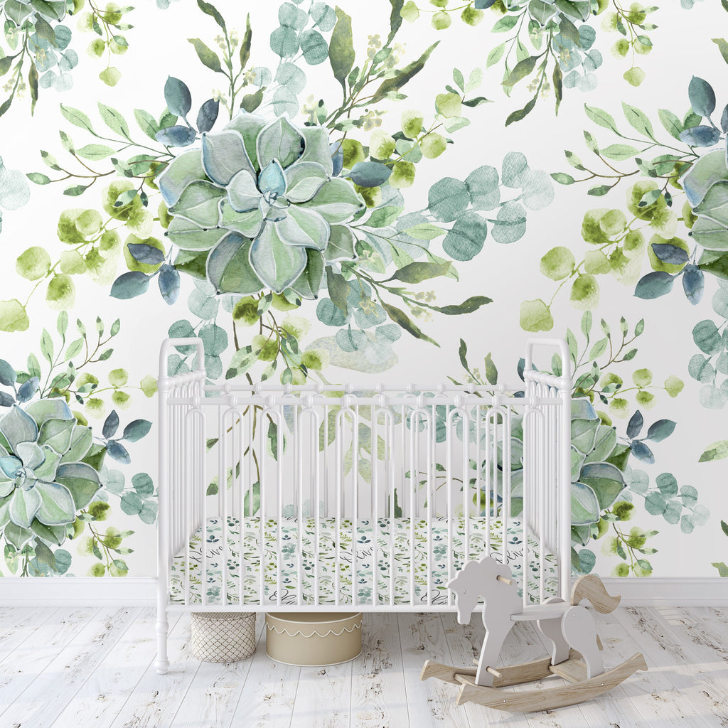 Succulent Greenery Wallpaper/Peel and Stick Removable/Olive Greenery Leafy/Blue Green Colors Boho /Living Room Laundry Entryway