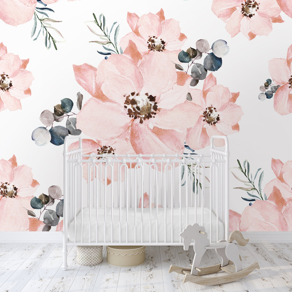 Pink Rose Floral Wallpaper/Peel and Stick Removable/Baby Girl Nursery Decor/Large Print/Marina Collection