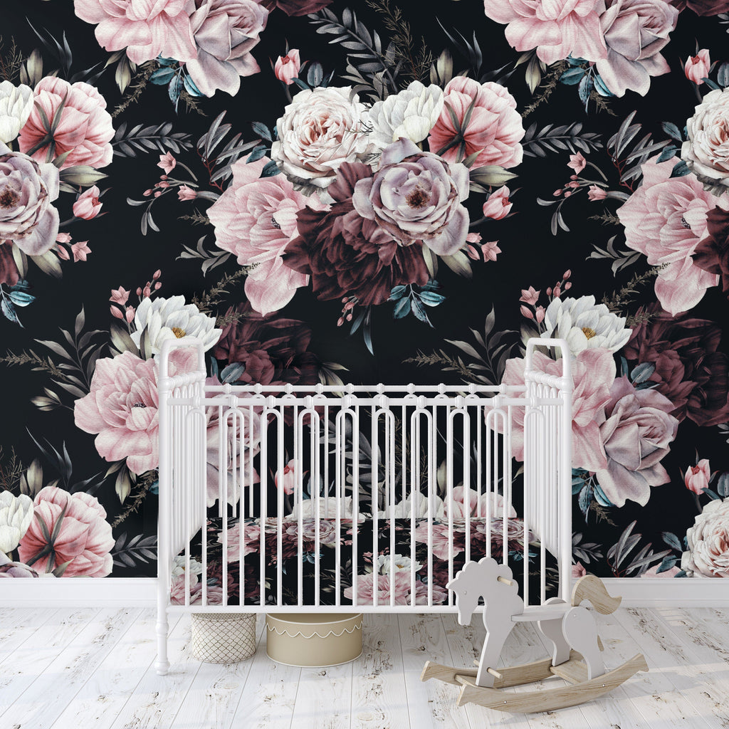 Reserved Listing for Ashly - Black Vintage Peony Rose Floral Wallpaper/Peel and Stick Removable/Baby Girl Nursery Decor/Large Print/Margot Collection