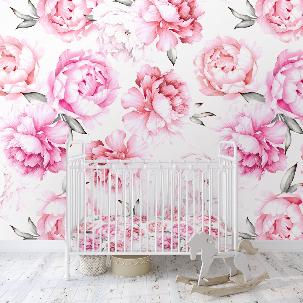 Watercolor Pink Peony Wallpaper/Peel and Stick Removable/Baby Girl Nursery Decor/Calla Collection
