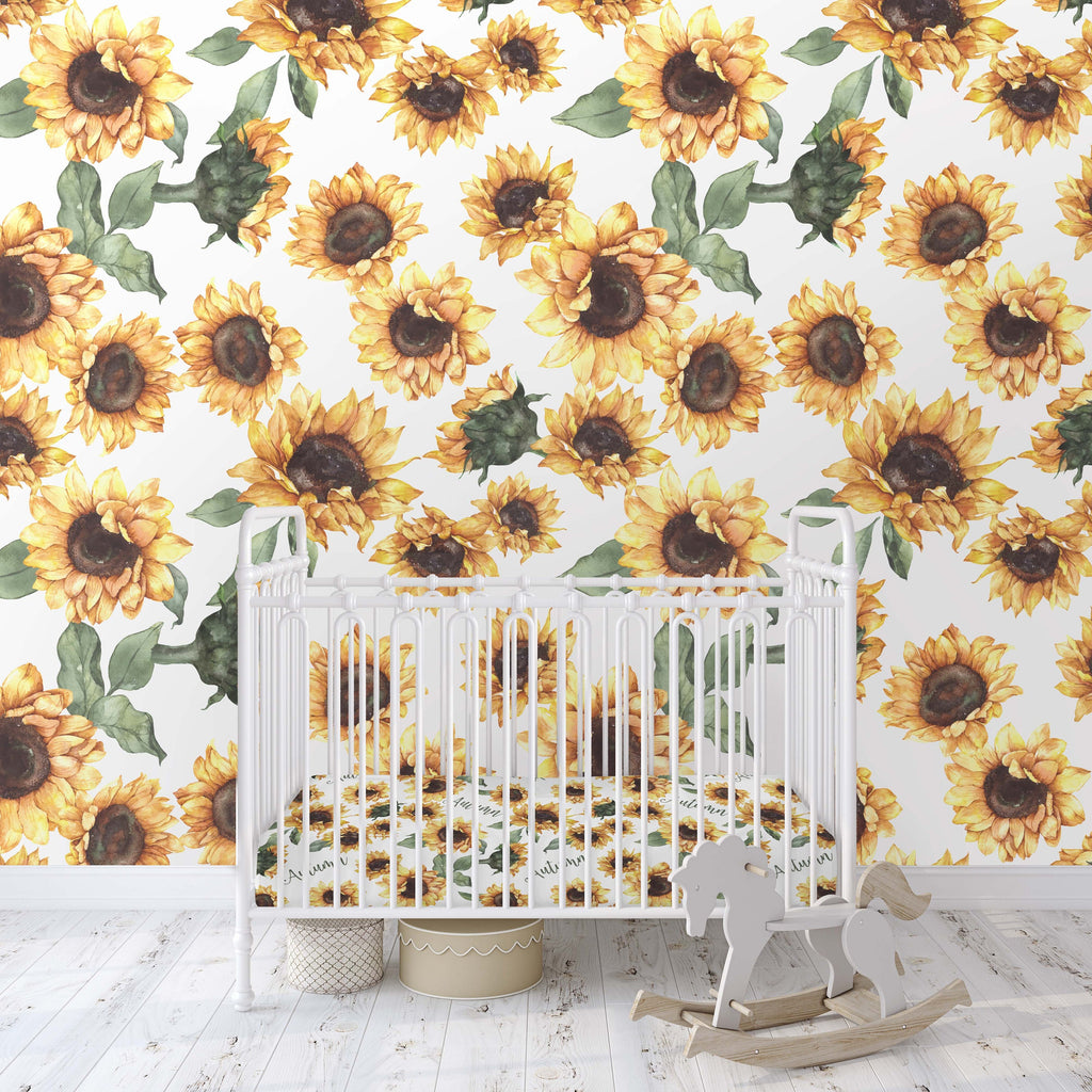 Sunflower Fall Autumn Floral Wallpaper/Peel and Stick Removable/Baby Girl Nursery Decor/Boho Vintage Floral/Muted Colors