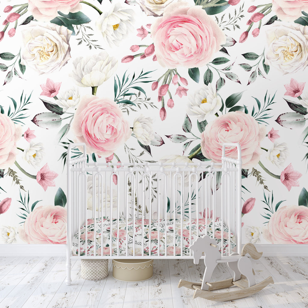 Watercolor Pink Rose Wallpaper/Peel and Stick Removable/Baby Girl Nursery Decor/Grace Collection