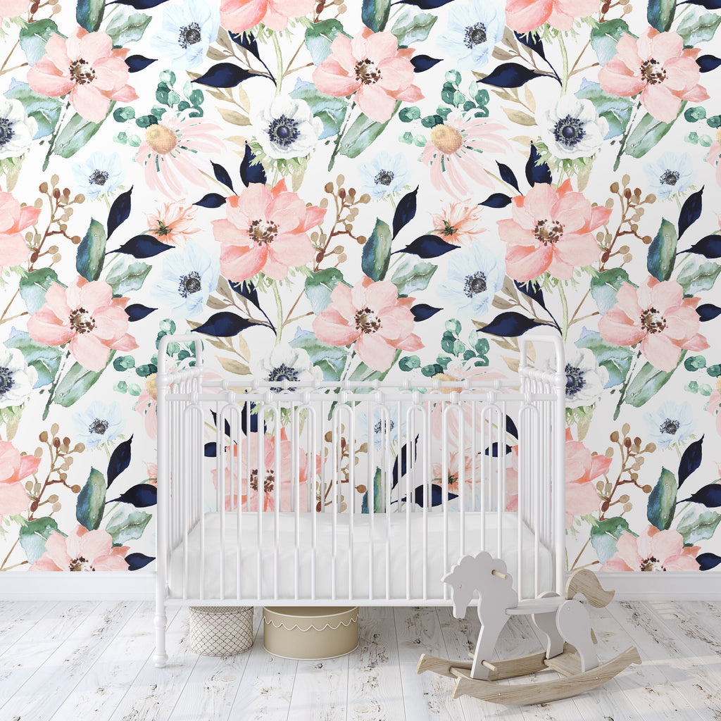 Pink Navy Green Floral Wallpaper/Peel and Stick Removable/Baby Girl Nursery Decor/Large Print/Marina Collection