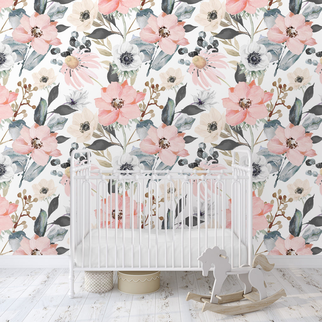 Pink Peach Floral Wallpaper/Peel and Stick Removable/Baby Girl Nursery Decor/Large Print/Hallie Pink Grey Cream Nursery