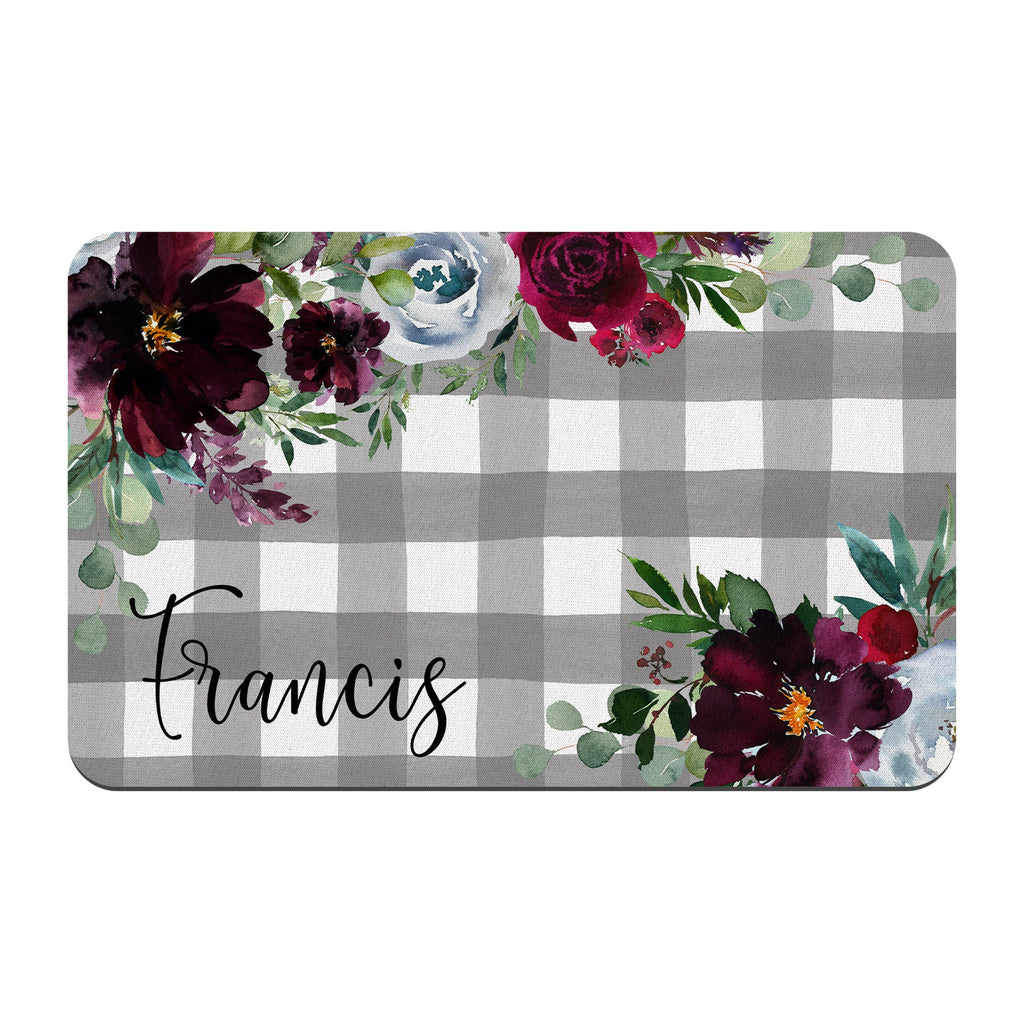 Personalized Burgundy Floral Grey Gingham Pet Mat