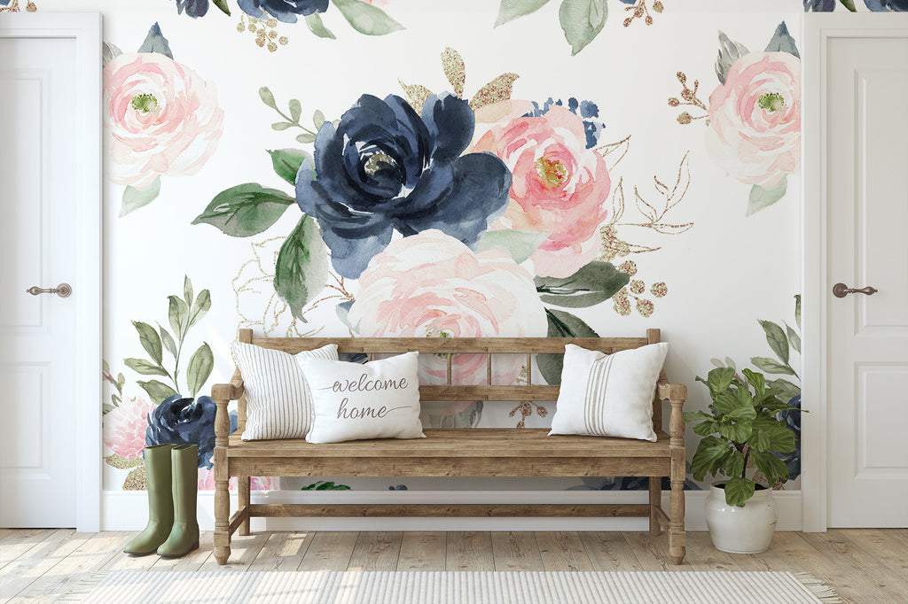 Navy Pink Peach Rose Floral Wallpaper/Peel and Stick Removable/Navy Pink Bedroom/Large Print/Living Room Laundry Entryway/Midnight