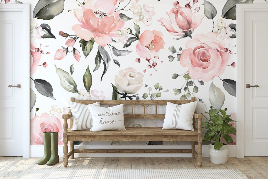Pink Peach Rose Floral Wallpaper/Peel and Stick Removable/Pink Floral Bedroom/Large Print/Living Room Laundry Entryway/Rosie ||