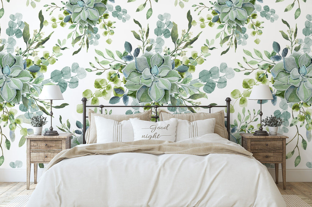 Succulent Greenery Wallpaper/Peel and Stick Removable/Baby Nursery Decor/Blue Green Colors Boho /Living Entry Way Dining Bedroom