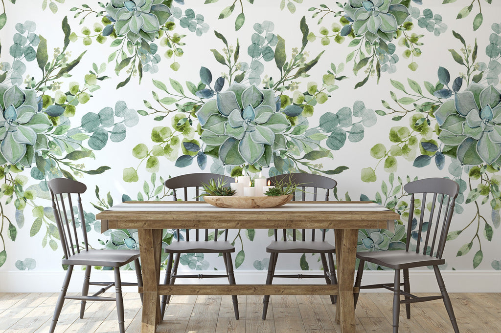 Succulent Greenery Wallpaper/Peel and Stick Removable/Baby Nursery Decor/Blue Green Colors Boho /Living Entry Way Dining Bedroom