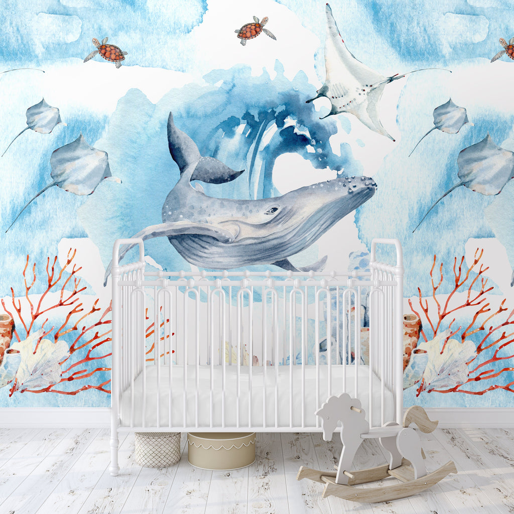 Ocean Whale Underwater Wallpaper/Peel and Stick Removable/Baby Boy Nursery Decor/Large Print/Ocean Collection