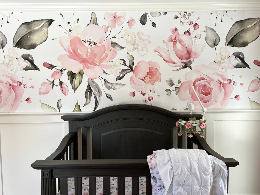 Pink Peach Rose Floral Wallpaper/Peel and Stick Removable/Baby Girl Nursery Decor/Large Print/Rosie ||