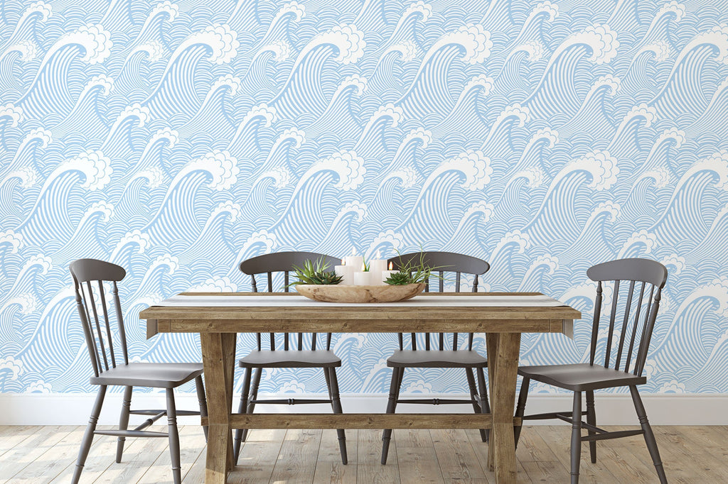 Retro Blue Waves Wallpaper/Peel and Stick Removable/Baby Girl Nursery Decor/Large Print/Living Room Bedroom/Retro Ocean Waves