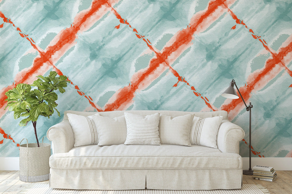 Orange Teal Tie Dye Wallpaper/Peel and Stick Removable/Baby Nursery Decor/Large Print/Living Room Bedroom/Orange Teal