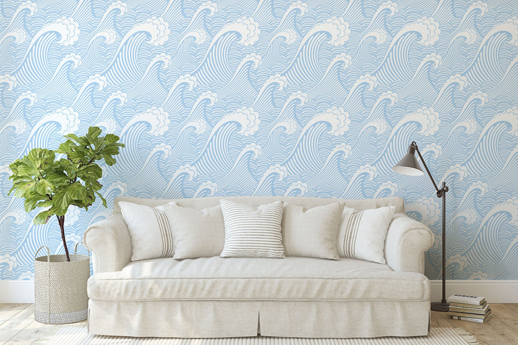 Retro Blue Waves Wallpaper/Peel and Stick Removable/Baby Girl Nursery Decor/Large Print/Living Room Bedroom/Retro Ocean Waves
