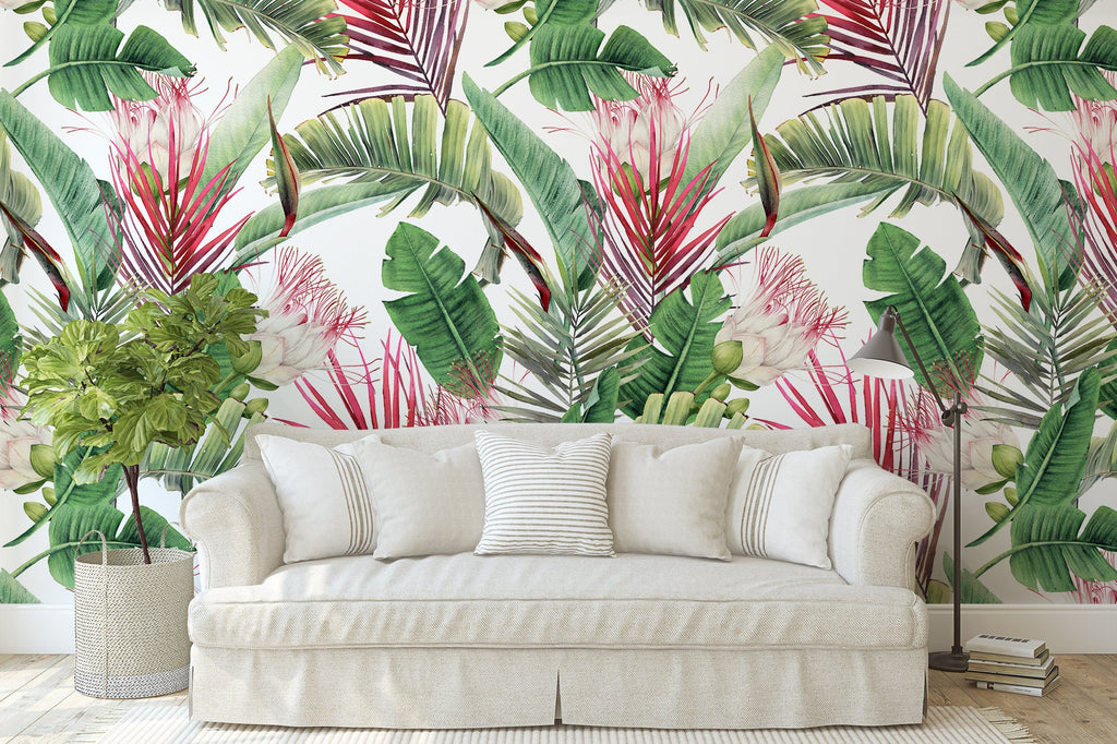 White Tropical Plants Wallpaper/Peel and Stick Removable/Baby Girl Nursery Decor/Large Print/Living Room Bedroom/Tropical Plants