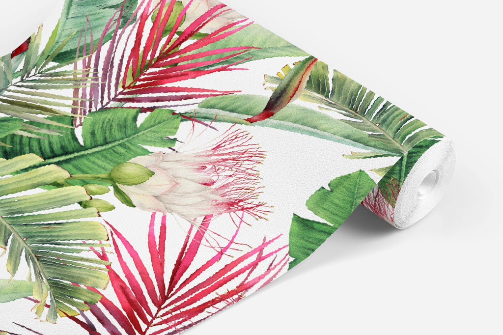 White Tropical Plants Wallpaper/Peel and Stick Removable/Baby Girl Nursery Decor/Large Print/Living Room Bedroom/Tropical Plants