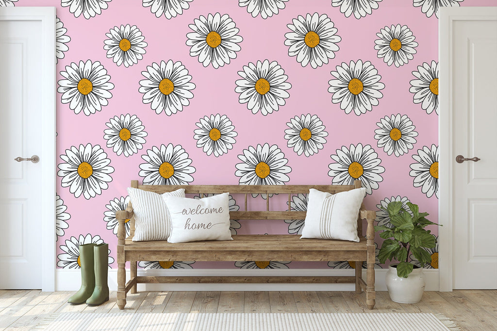Pink White Daisy Floral Wallpaper/Peel and Stick Removable/Baby Girl Nursery Decor/Large Print/Daisy Girl
