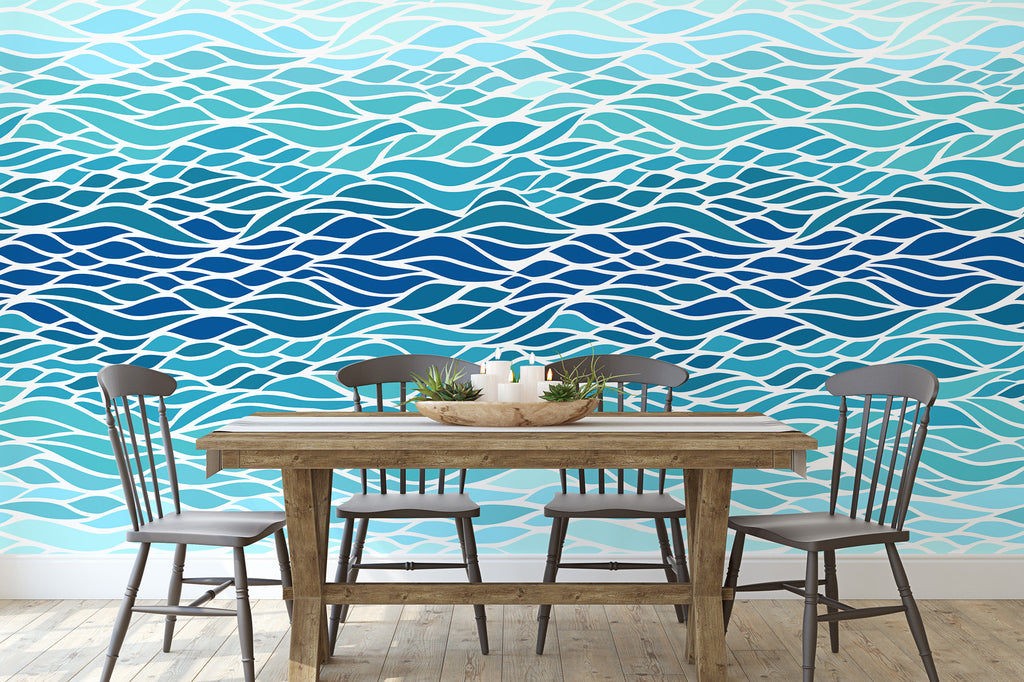 Ombre Blue Waves Wallpaper/Peel and Stick Removable/Baby Girl Nursery Decor/Large Print/Geo Ocean