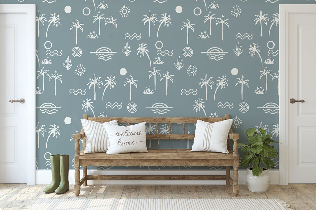 Blue White Beach Wallpaper/Peel and Stick Removable/Baby Girl Nursery Decor/Large Print/Living Room Bedroom/Beach Day